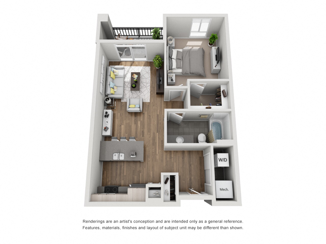 Floor plan for 1 bed, 1 bath, 746 sqft